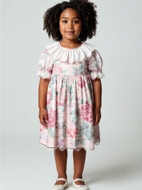 VTG Ceil Ainsworth Girls SZ 4 80s 90s Dress Pink Ruffle Floral Collar Lace USA